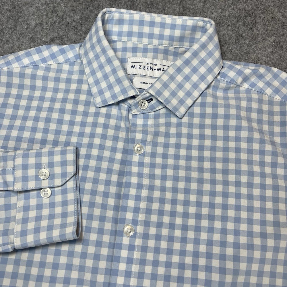 Mizzen Main Leeward Shirt Men's Medium Trim Fit Blue Gingham Check Button Up